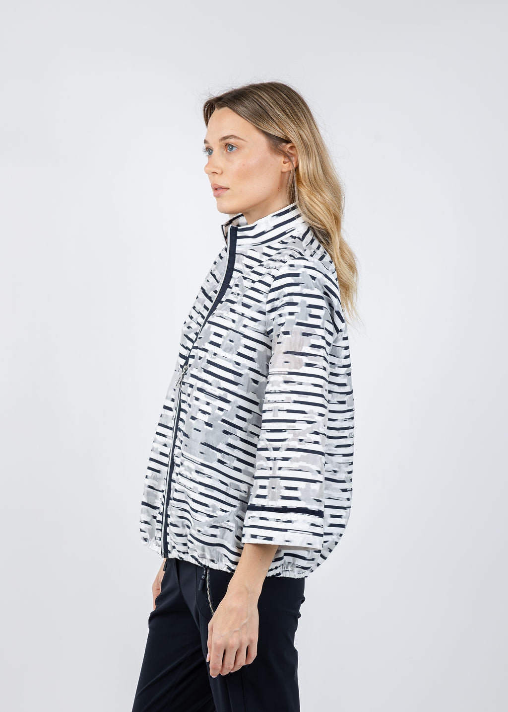 Joseph Ribkoff Jacquard Organza Stripe Bomber Jacket in Off White/Navy available at Barbara Katz