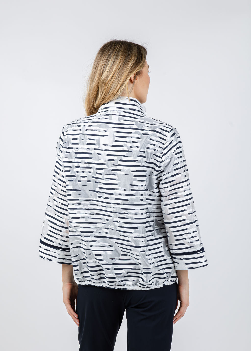 Joseph Ribkoff Jacquard Organza Stripe Bomber Jacket in Off White/Navy available at Barbara Katz