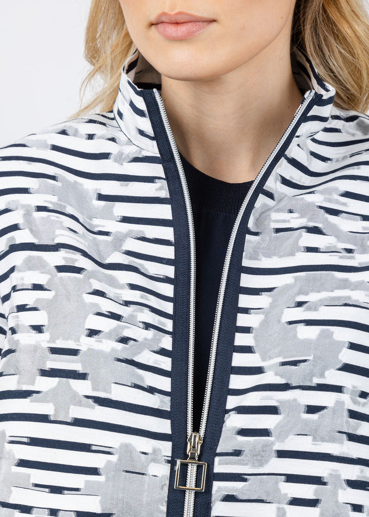 Joseph Ribkoff Jacquard Organza Stripe Bomber Jacket in Off White/Navy available at Barbara Katz