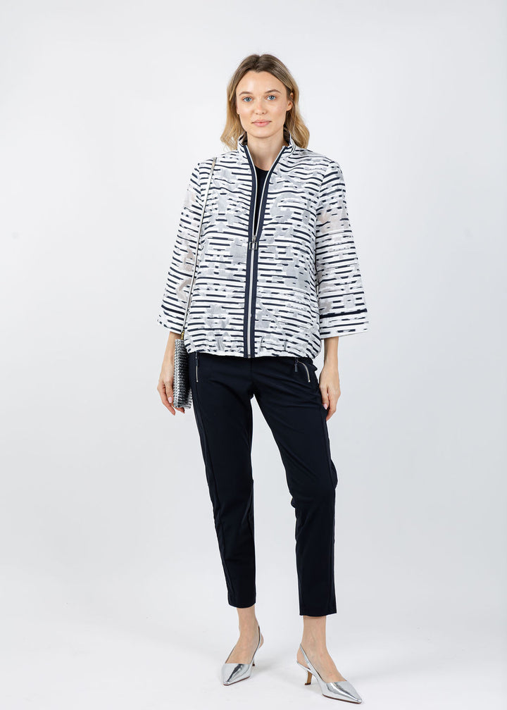 Joseph Ribkoff Jacquard Organza Stripe Bomber Jacket in Off White/Navy available at Barbara Katz