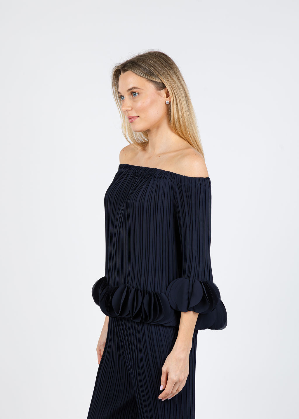 Joseph Ribkoff Joa Ruffle Out Of Shoulder Top in Navy available at Barbara Katz