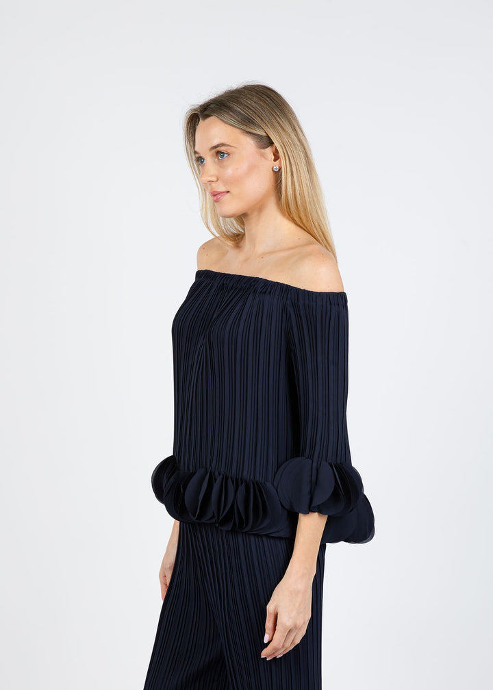 Joseph Ribkoff Joa Ruffle Out Of Shoulder Top in Navy available at Barbara Katz