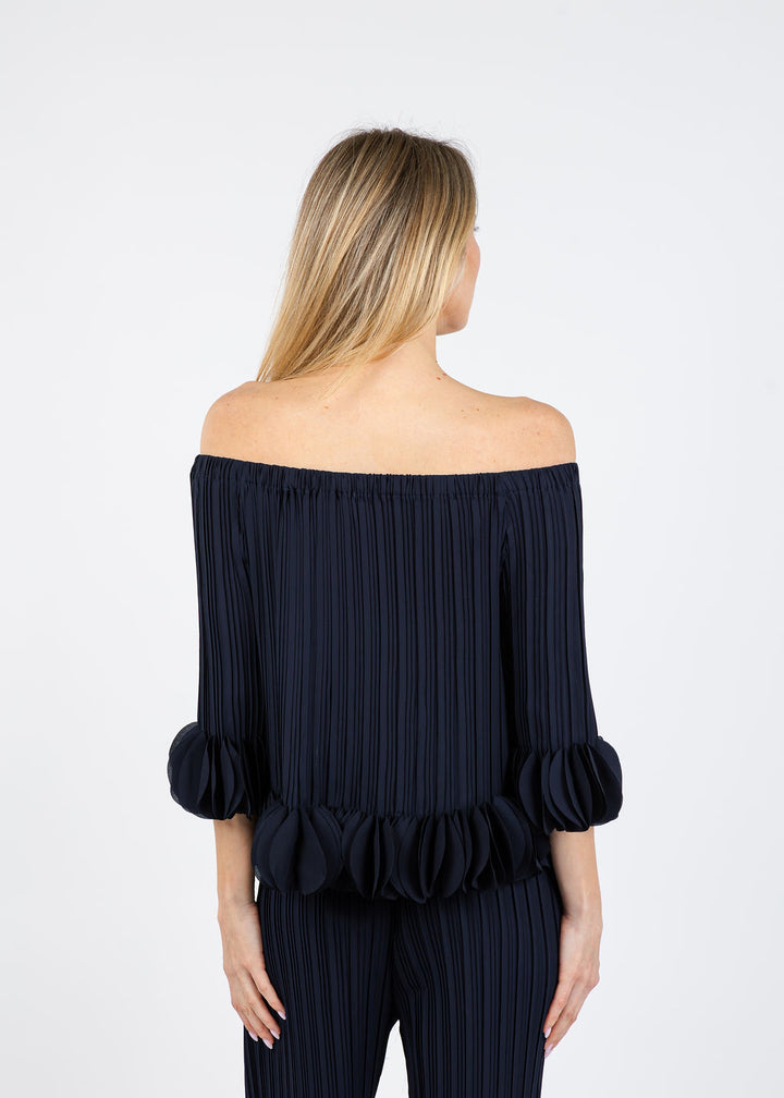 Joseph Ribkoff Joa Ruffle Out Of Shoulder Top in Navy available at Barbara Katz
