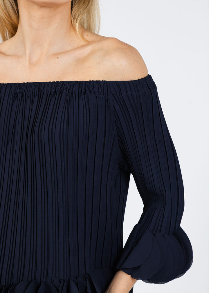 Joseph Ribkoff Joa Ruffle Out Of Shoulder Top in Navy available at Barbara Katz
