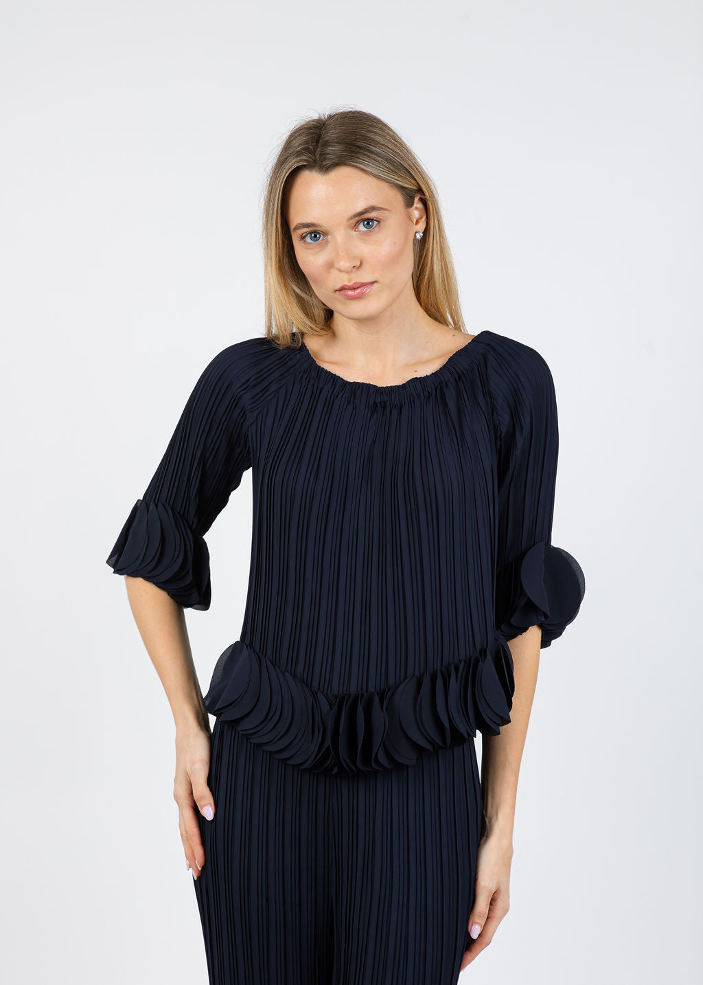 Joseph Ribkoff Joa Ruffle Out Of Shoulder Top in Navy available at Barbara Katz