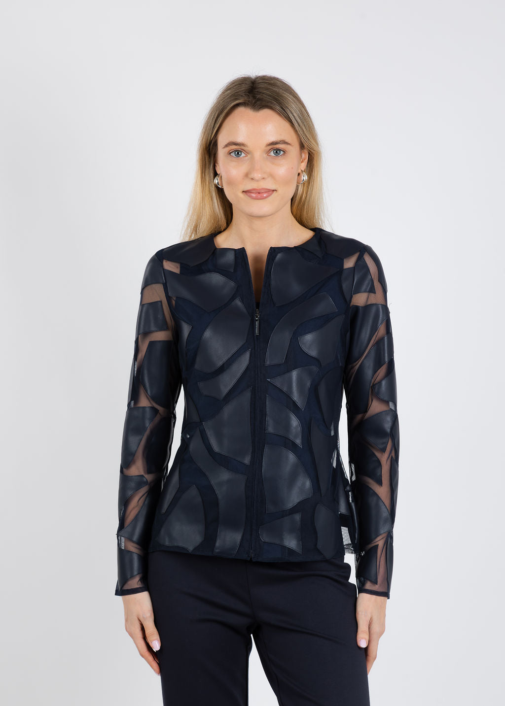 Joseph Ribkoff Laser Cut Leatherette Jacket in Midnight Blue available at Barbara Katz