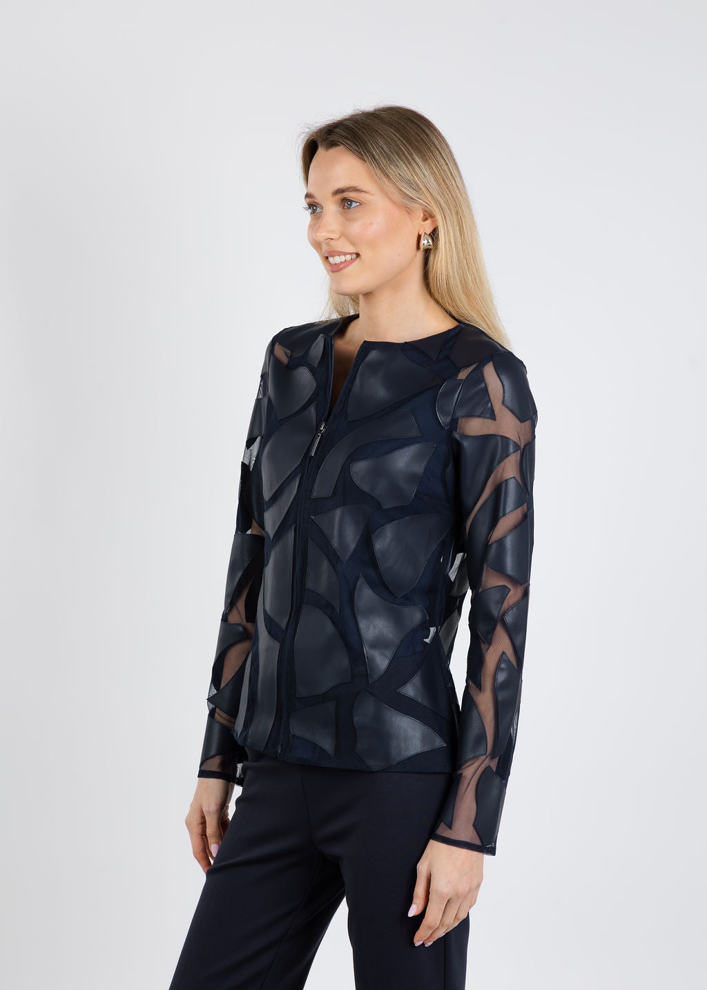 Joseph Ribkoff Laser Cut Leatherette Jacket in Midnight Blue available at Barbara Katz