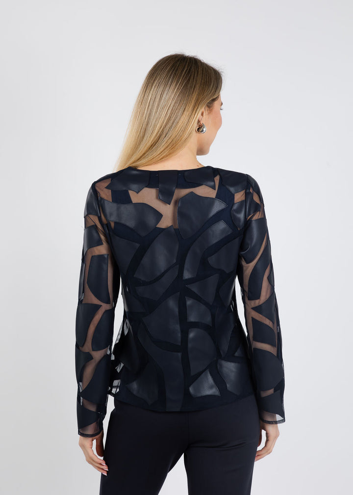 Joseph Ribkoff Laser Cut Leatherette Jacket in Midnight Blue available at Barbara Katz