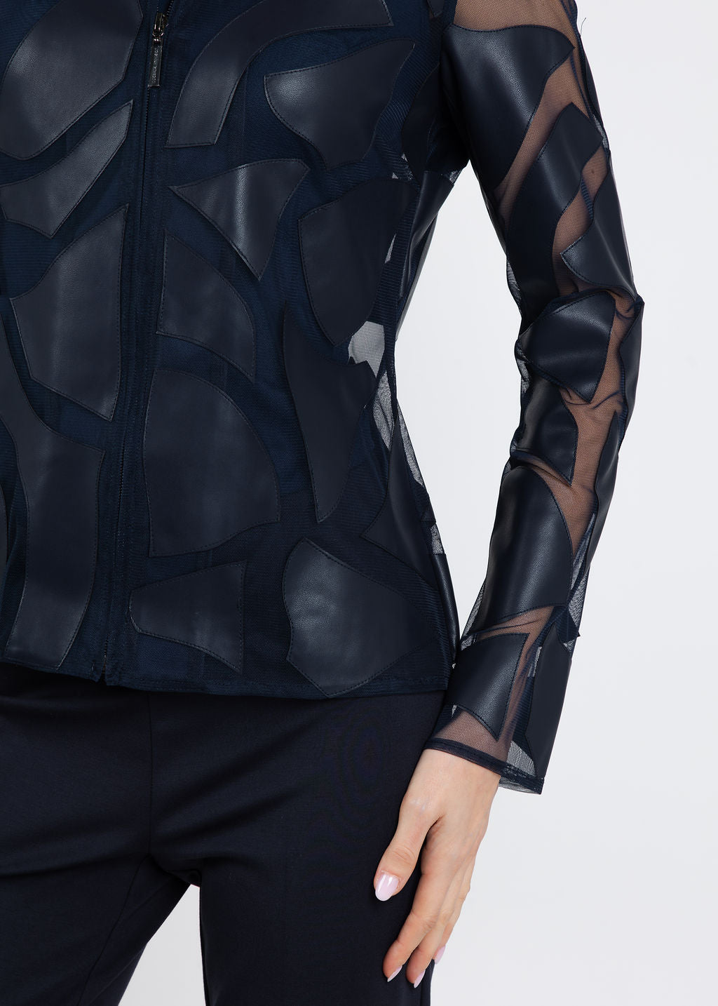 Joseph Ribkoff Laser Cut Leatherette Jacket in Midnight Blue available at Barbara Katz