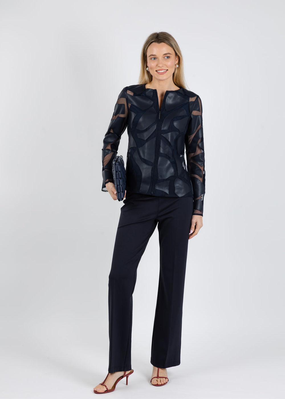 Joseph Ribkoff Laser Cut Leatherette Jacket in Midnight Blue available at Barbara Katz