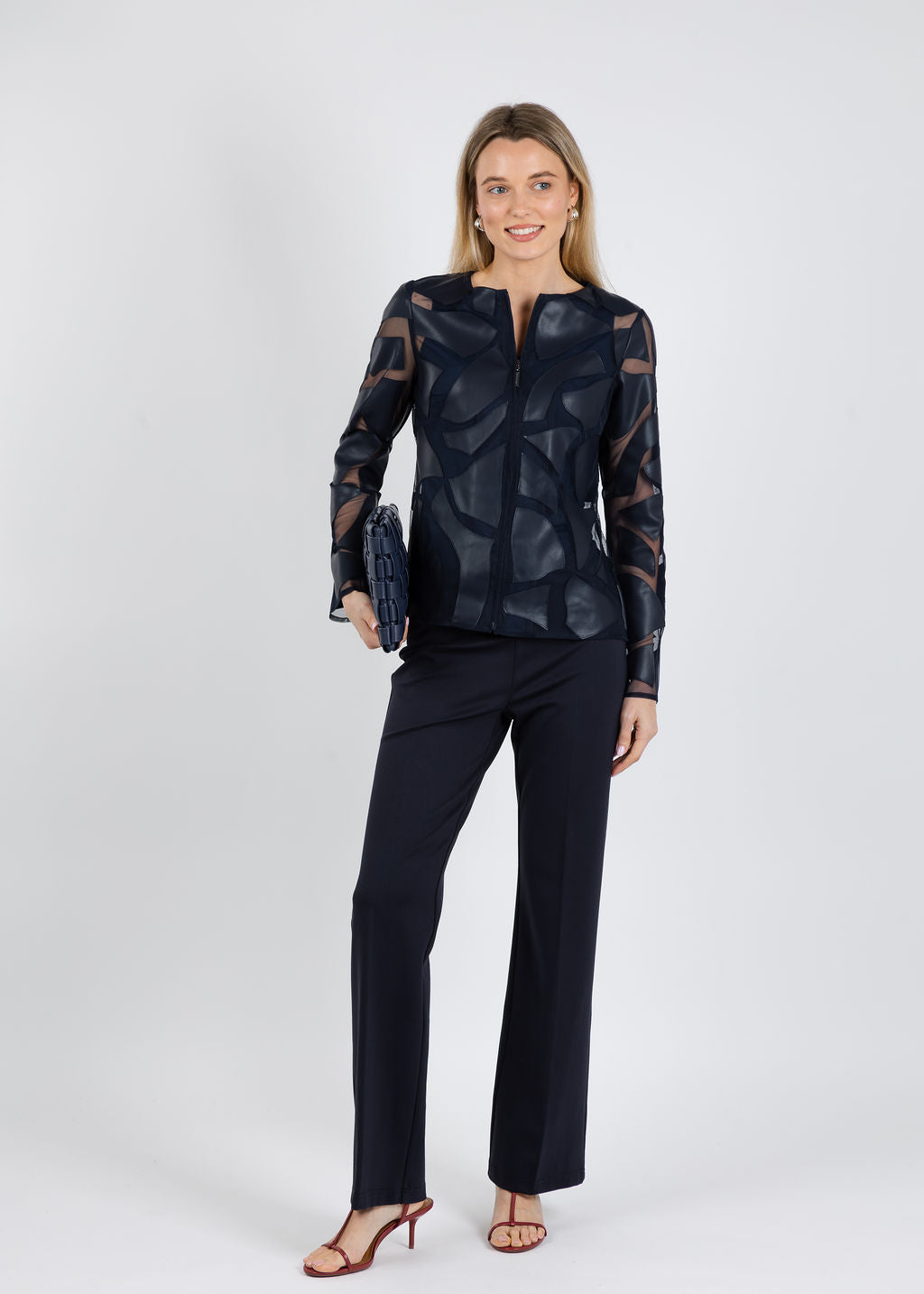 Joseph Ribkoff Laser Cut Leatherette Jacket in Midnight Blue available at Barbara Katz