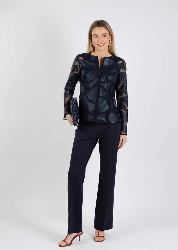 Joseph Ribkoff Laser Cut Leatherette Jacket in Midnight Blue available at Barbara Katz