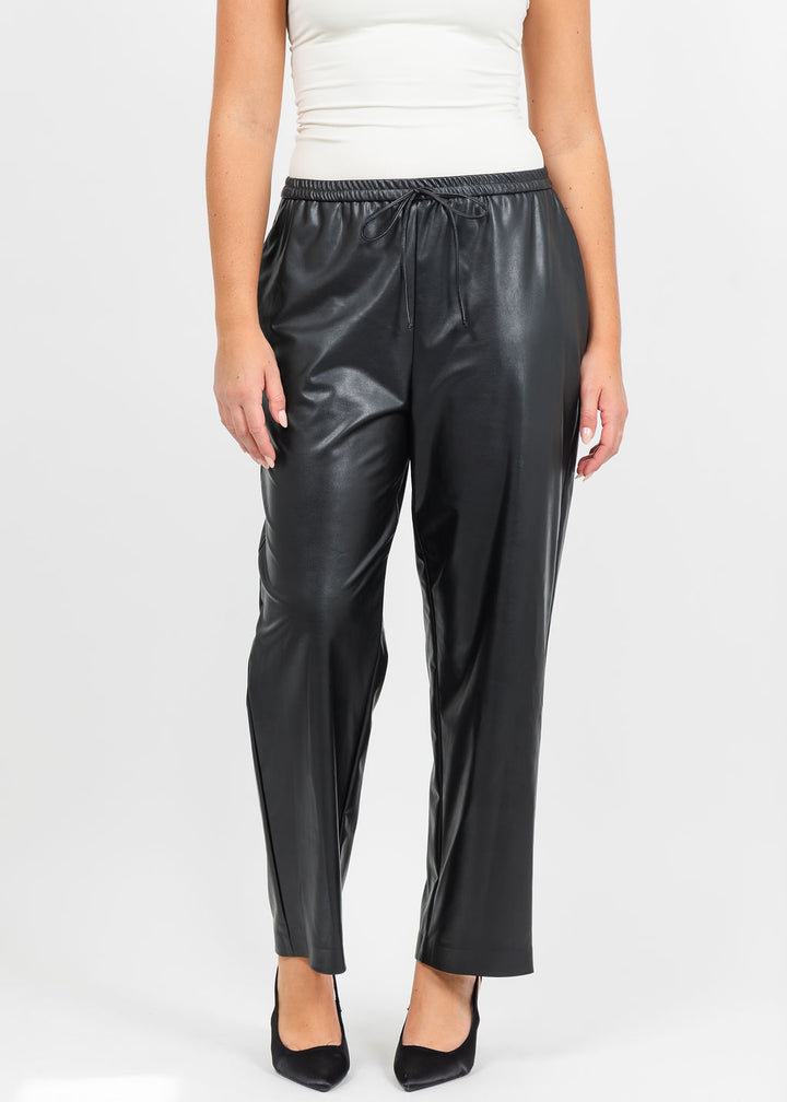 Joseph Ribkoff Leatherette Drawstring Pants in Black available at Barbara Katz