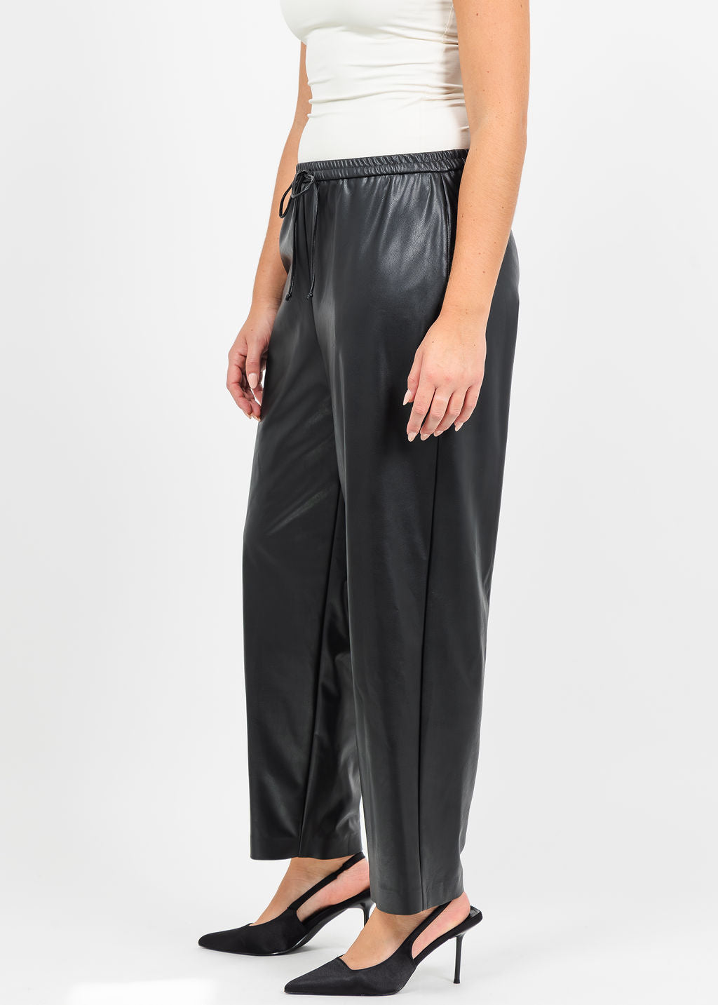 Joseph Ribkoff Leatherette Drawstring Pants in Black available at Barbara Katz