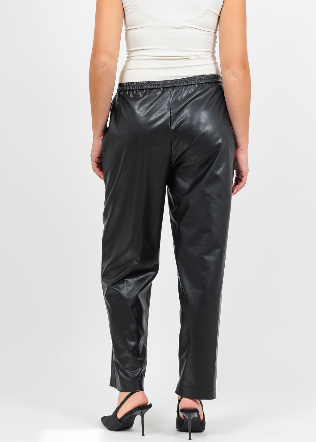Joseph Ribkoff Leatherette Drawstring Pants in Black available at Barbara Katz