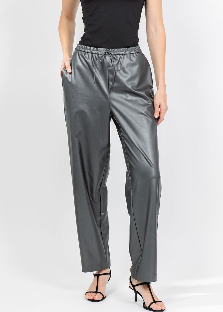 Joseph Ribkoff Leatherette Drawstring Pants in Gunmetal available at Barbara Katz