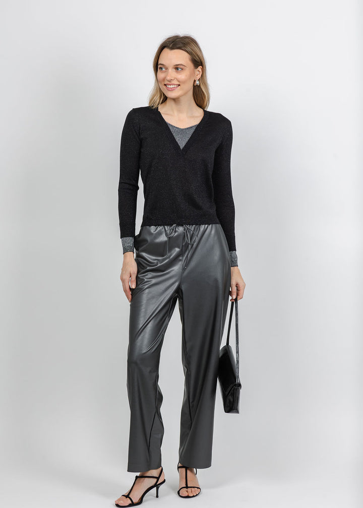 BK Jackeline Metallic Top in Black paired with Joseph Ribkoff Leatherette Drawstring Pants in Gunmetal available at Barbara Katz