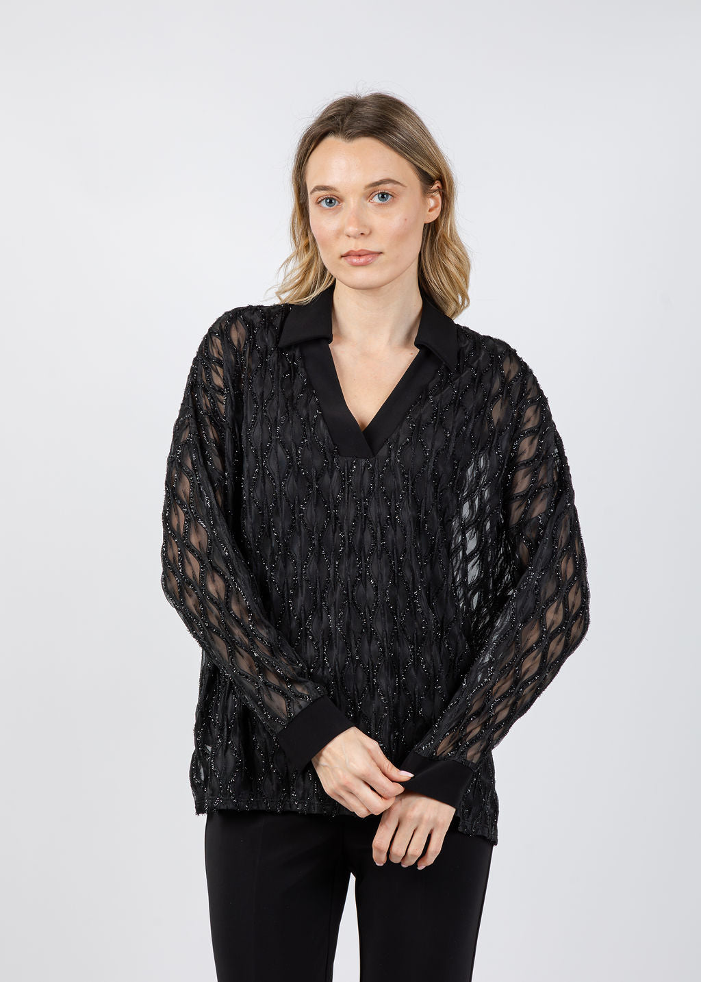 Joseph Ribkoff Lurex Cascade & Silky Knit Boxy Top in Black available at Barbara Katz