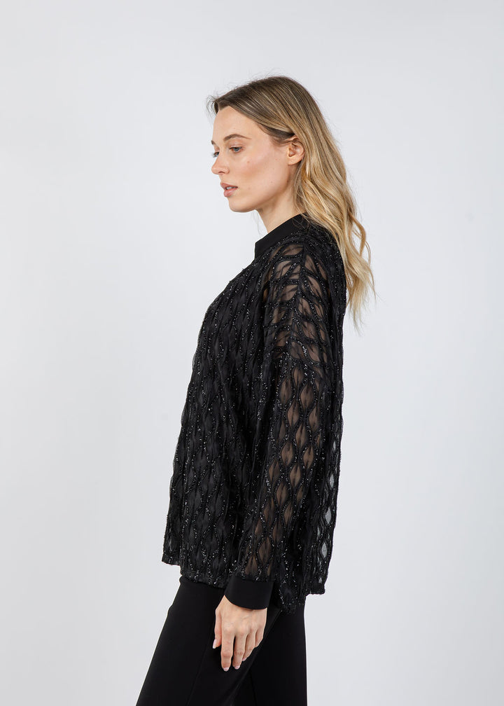 Joseph Ribkoff Lurex Cascade & Silky Knit Boxy Top in Black available at Barbara Katz