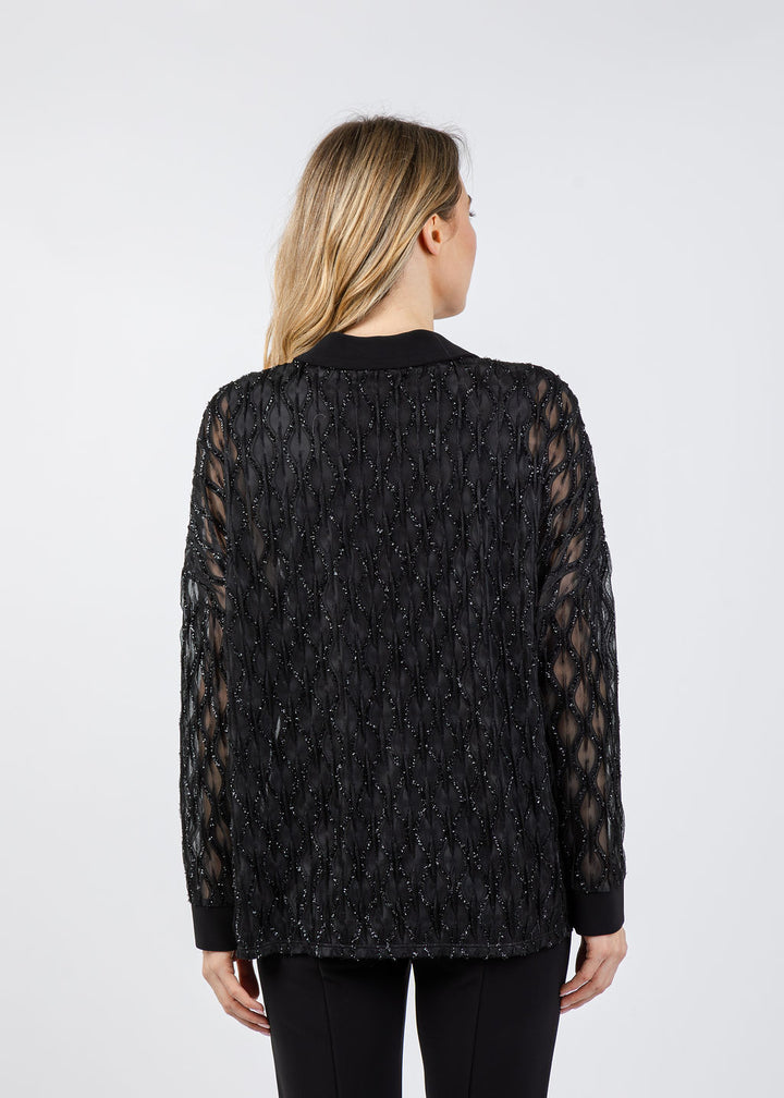 Joseph Ribkoff Lurex Cascade & Silky Knit Boxy Top in Black available at Barbara Katz