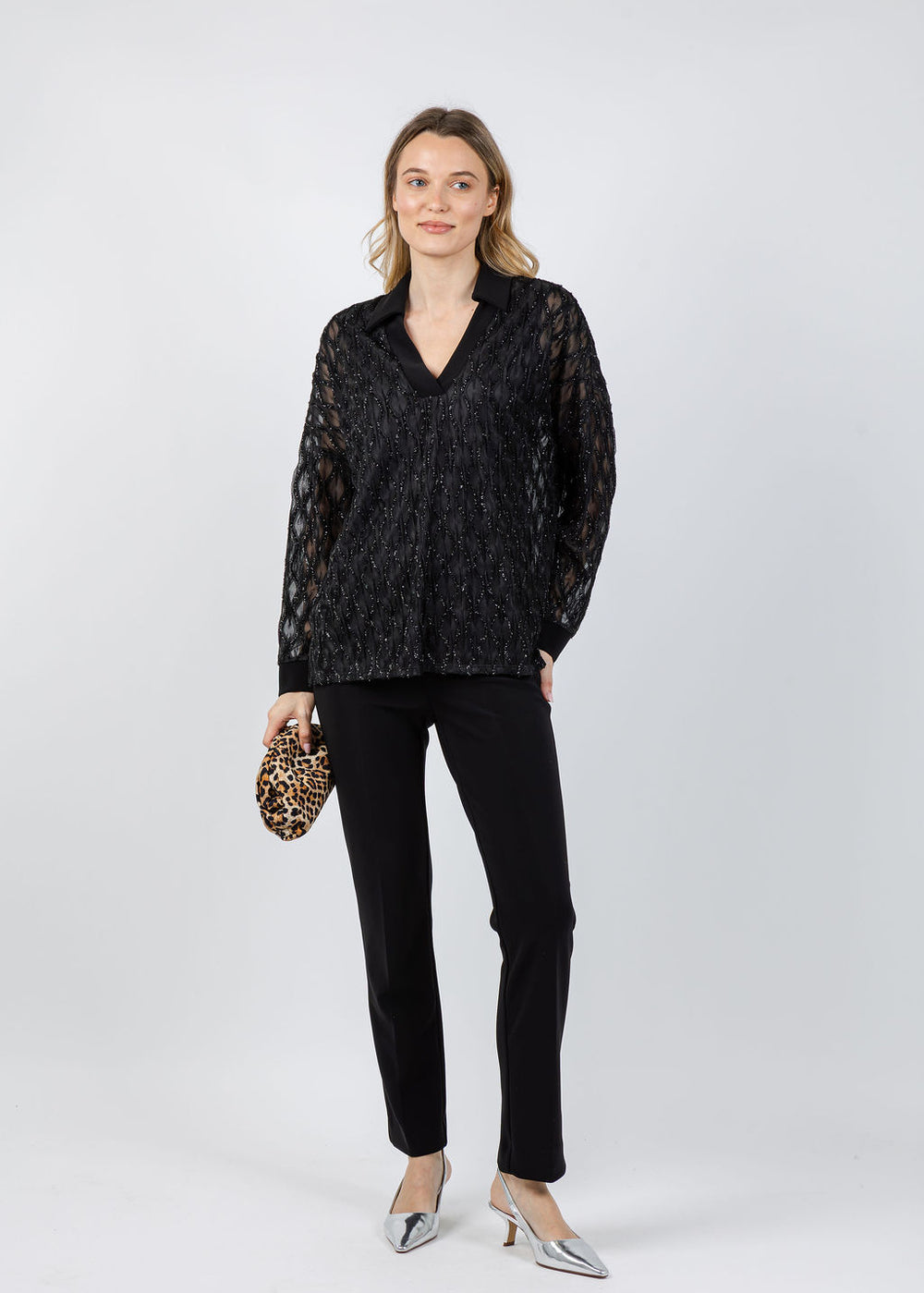 Joseph Ribkoff Lurex Cascade & Silky Knit Boxy Top in Black available at Barbara Katz