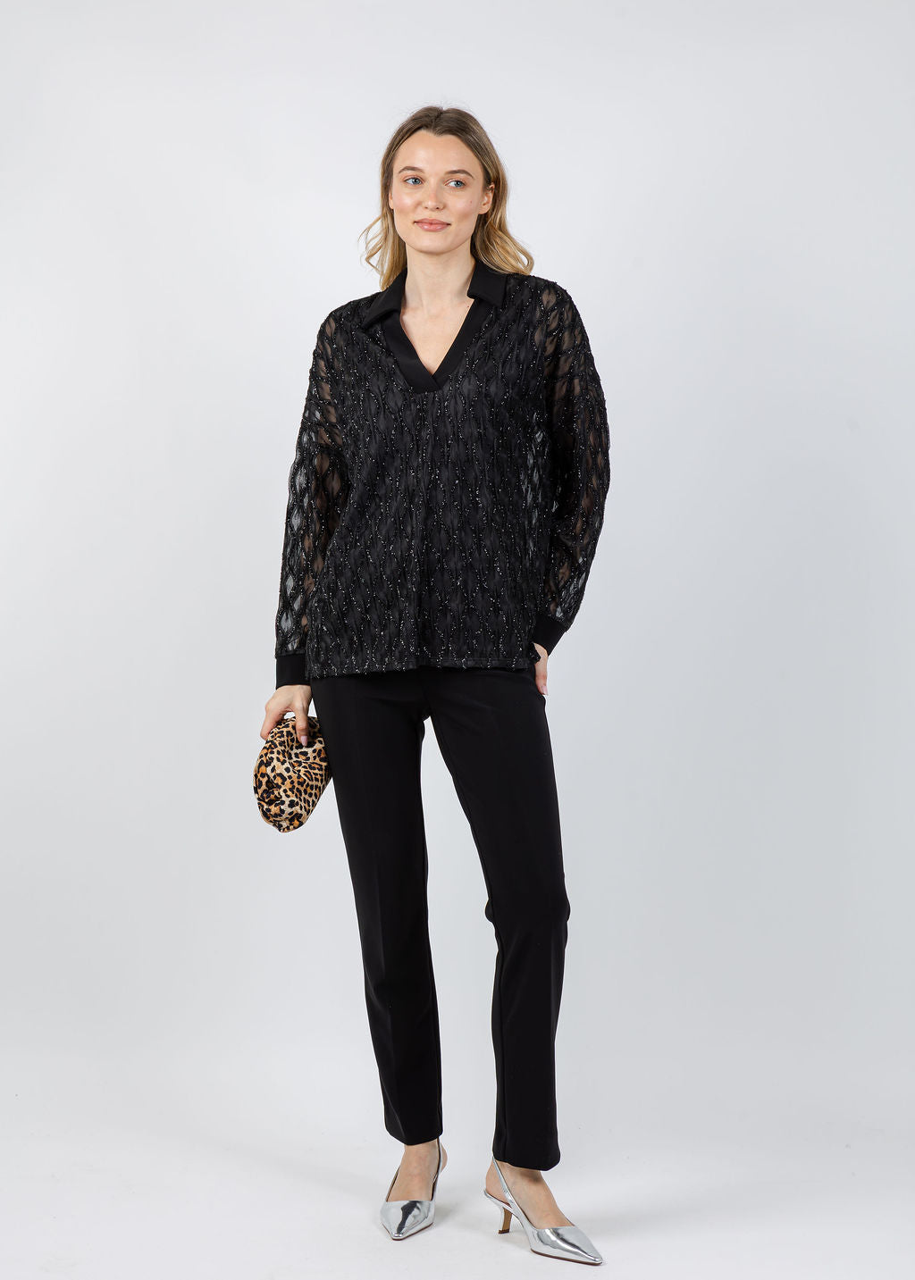Joseph Ribkoff Lurex Cascade & Silky Knit Boxy Top in Black available at Barbara Katz