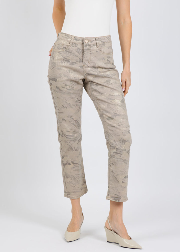 Joseph Ribkoff Metallic Abstract Crop Jeans in Taupe/Gol available at Barbara Katz