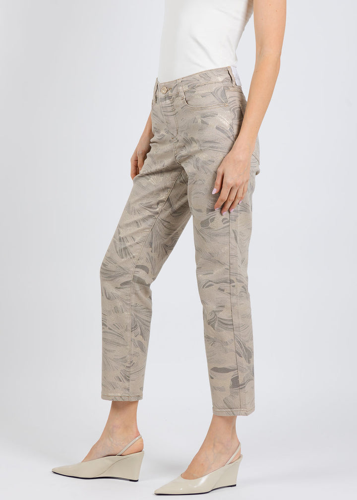Joseph Ribkoff Metallic Abstract Crop Jeans in Taupe/Gol available at Barbara Katz