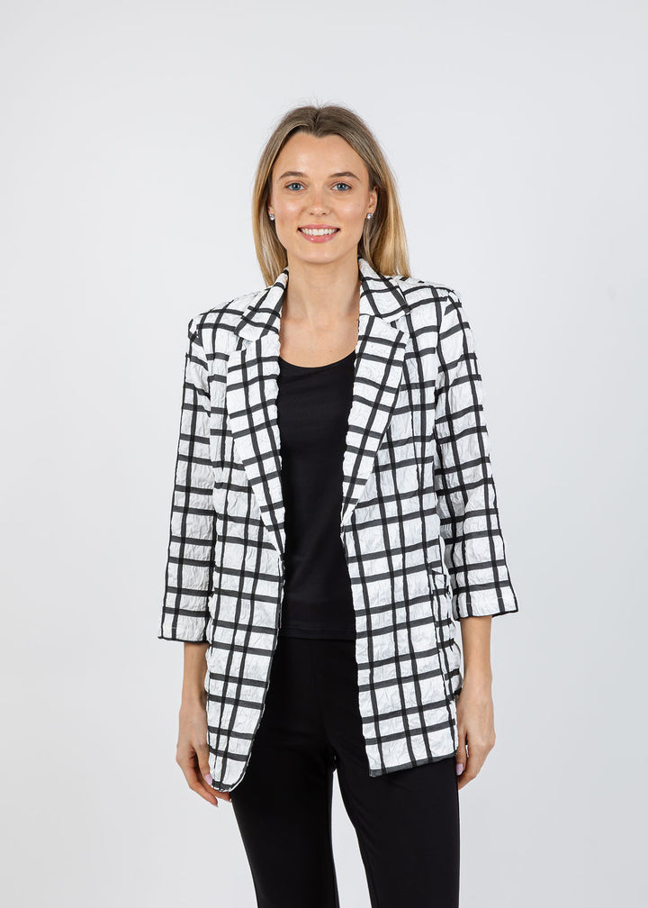 Joseph Ribkoff Plaid Print Boxy Blazer in Off White/Black available at Barbara Katz