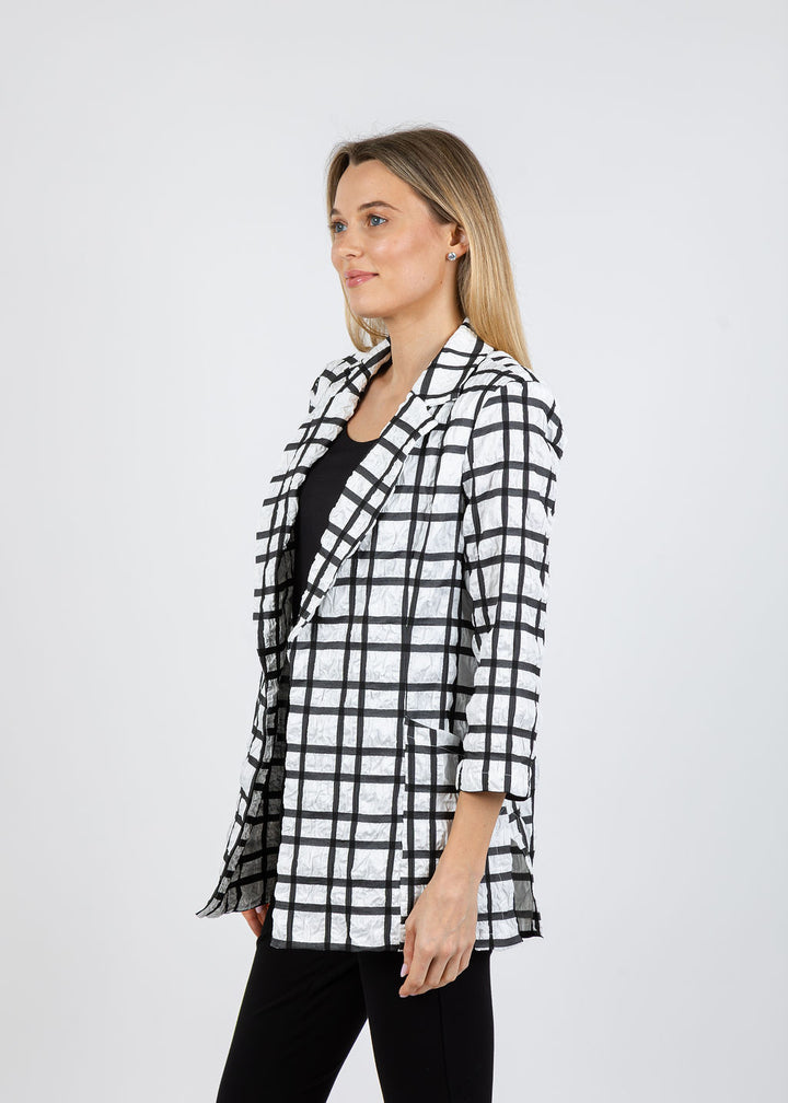 Joseph Ribkoff Plaid Print Boxy Blazer in Off White/Black available at Barbara Katz