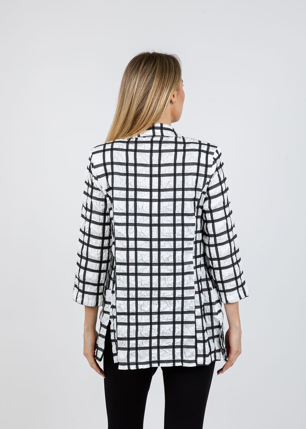 Joseph Ribkoff Plaid Print Boxy Blazer in Off White/Black available at Barbara Katz