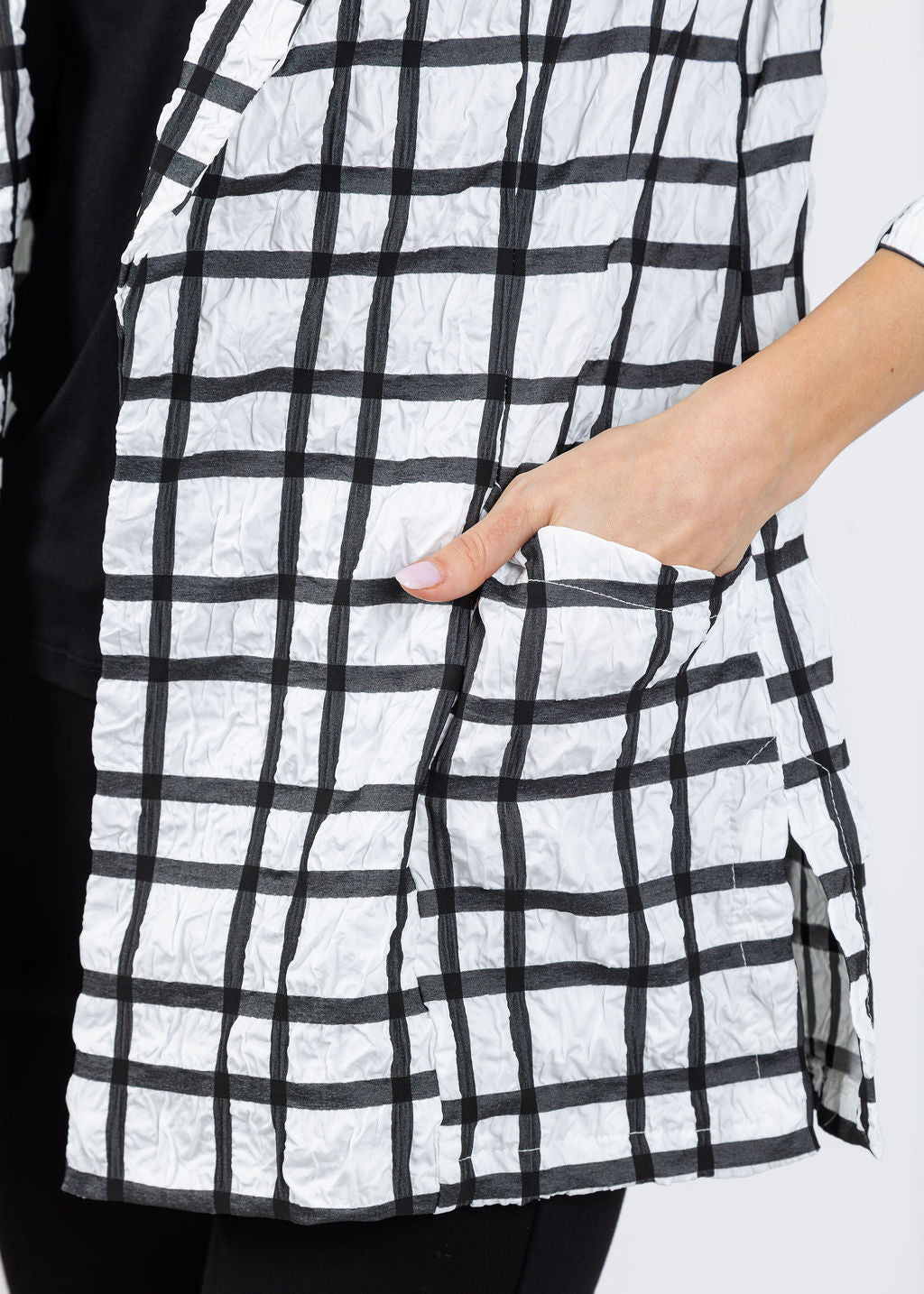 Joseph Ribkoff Plaid Print Boxy Blazer in Off White/Black available at Barbara Katz