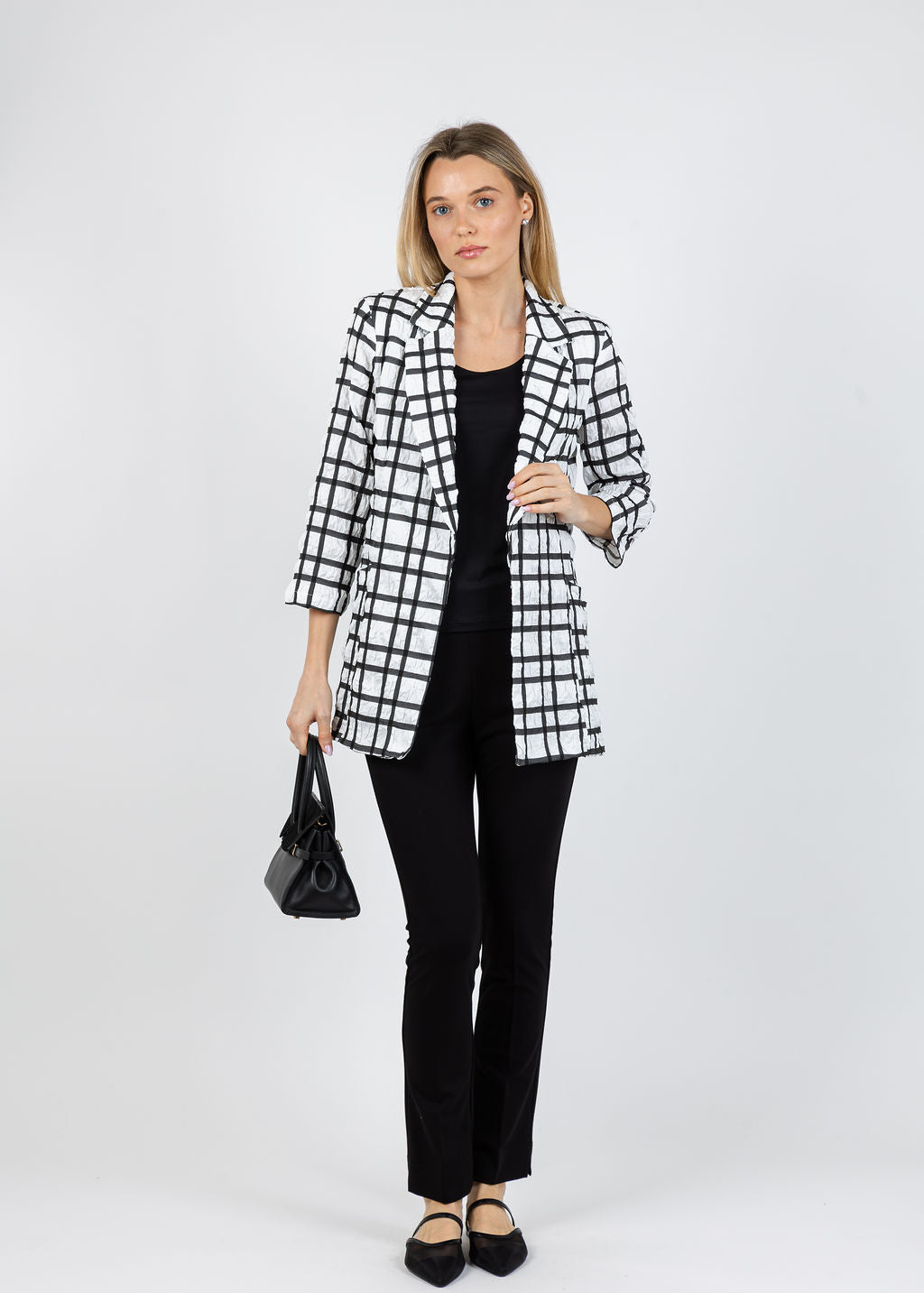 Joseph Ribkoff Plaid Print Boxy Blazer in Off White/Black available at Barbara Katz