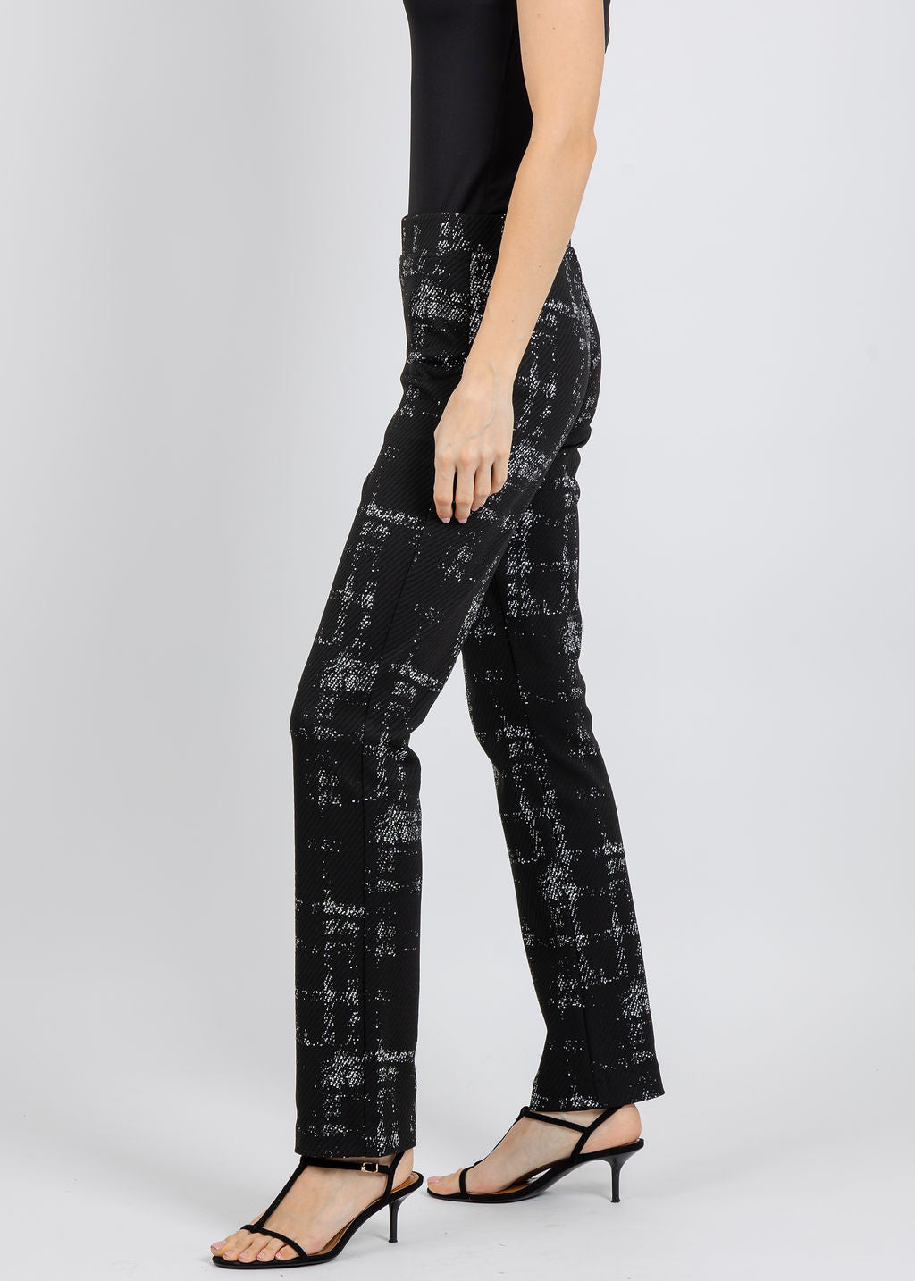 Joseph Ribkoff Plaid Print Pull-On Pants in Black/Off White available at Barbara Katz