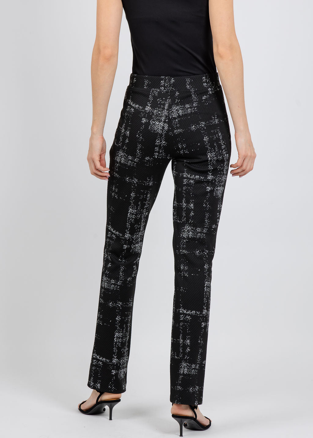 Joseph Ribkoff Plaid Print Pull-On Pants in Black/Off White available at Barbara Katz