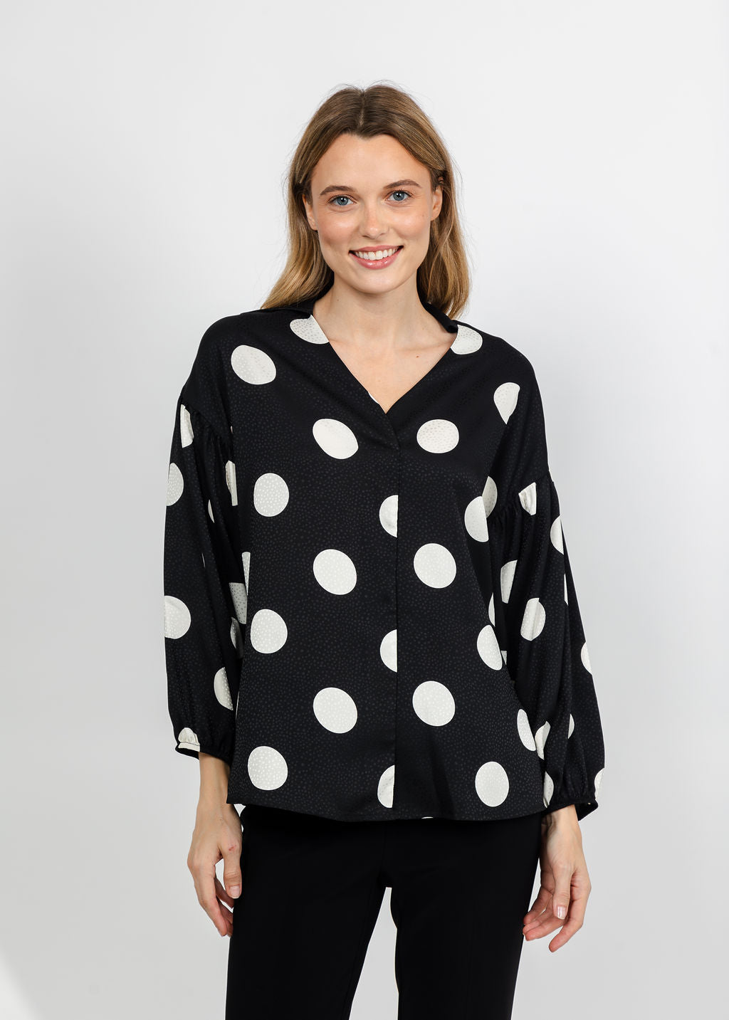 Joseph Ribkoff Polka Dot Satin Top - Black/Off White available at Barbara Katz