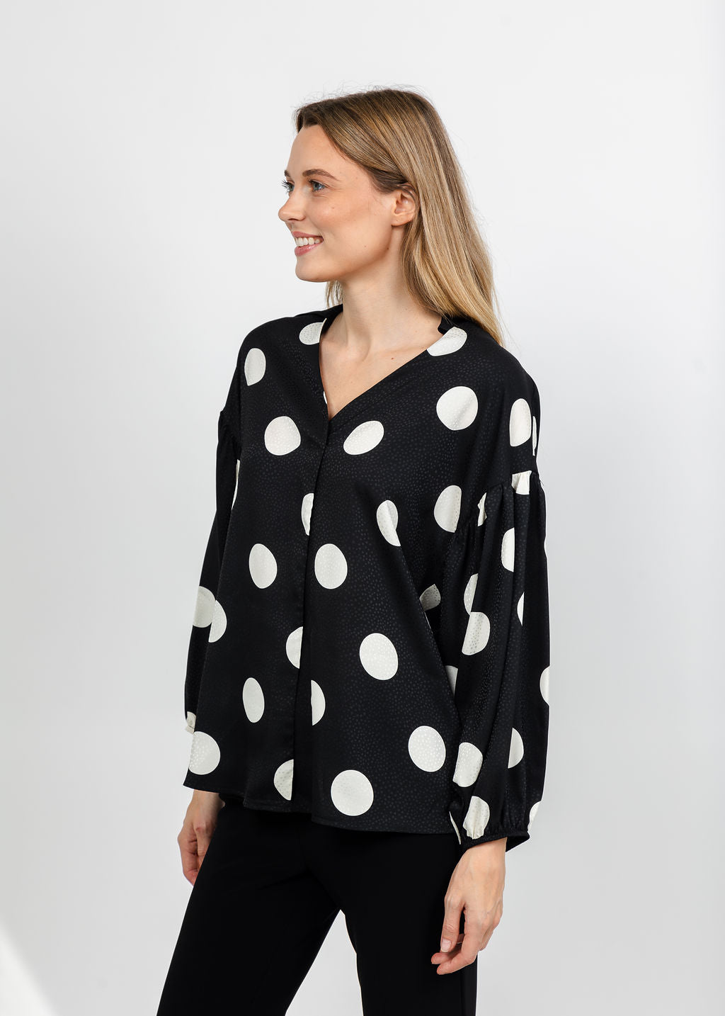 Joseph Ribkoff Polka Dot Satin Top - Black/Off White available at Barbara Katz