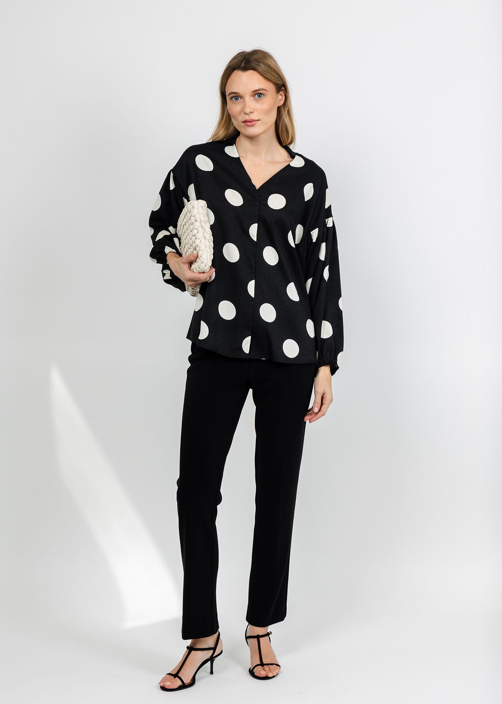 Joseph Ribkoff Polka Dot Satin Top - Black/Off White available at Barbara Katz