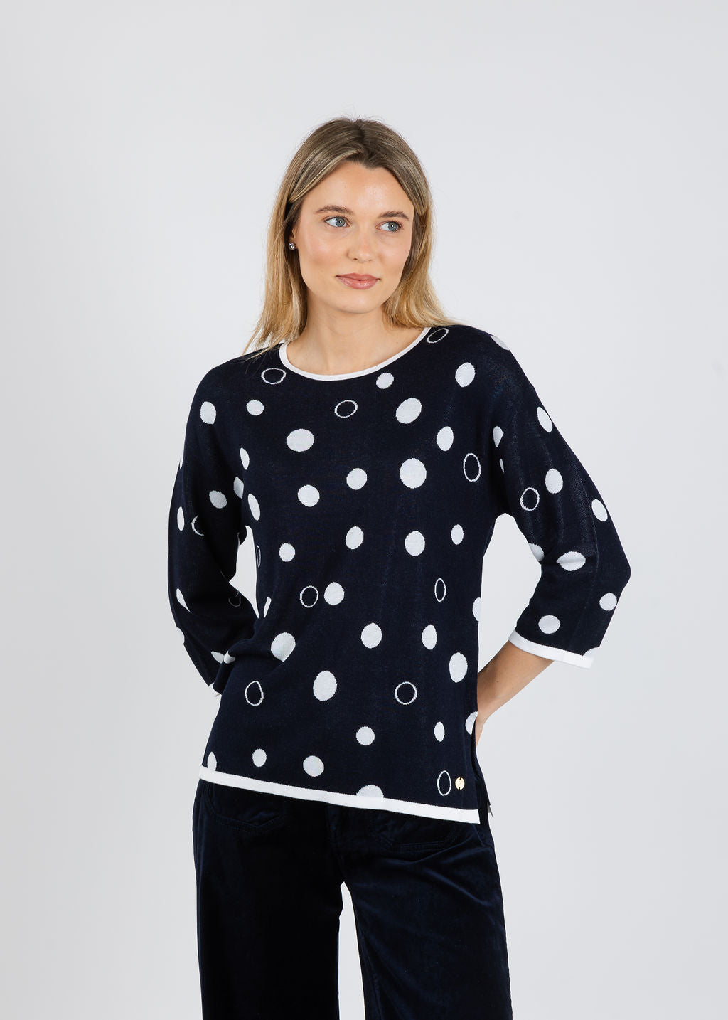 Joseph Ribkoff Polka Dot Sweater in Midnight Blue/Vanilla available at Barbara Katz