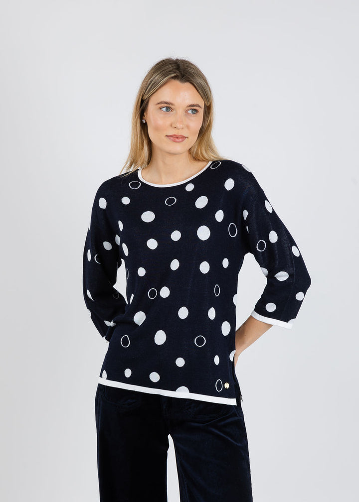 Joseph Ribkoff Polka Dot Sweater in Midnight Blue/Vanilla available at Barbara Katz