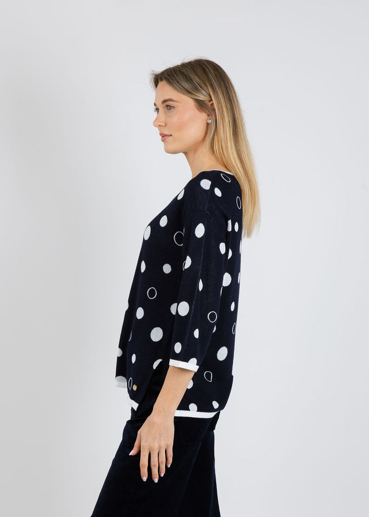 Joseph Ribkoff Polka Dot Sweater in Midnight Blue/Vanilla available at Barbara Katz