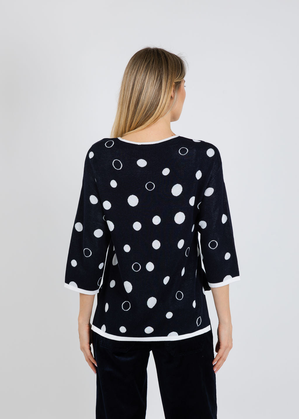 Joseph Ribkoff Polka Dot Sweater in Midnight Blue/Vanilla available at Barbara Katz