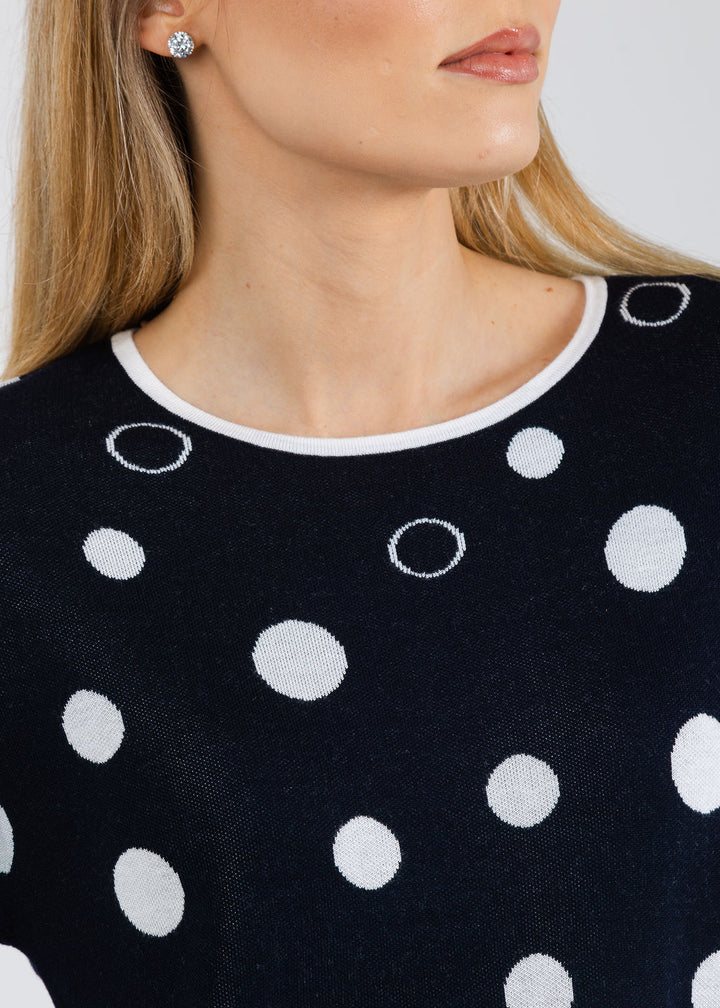 Joseph Ribkoff Polka Dot Sweater in Midnight Blue/Vanilla available at Barbara Katz