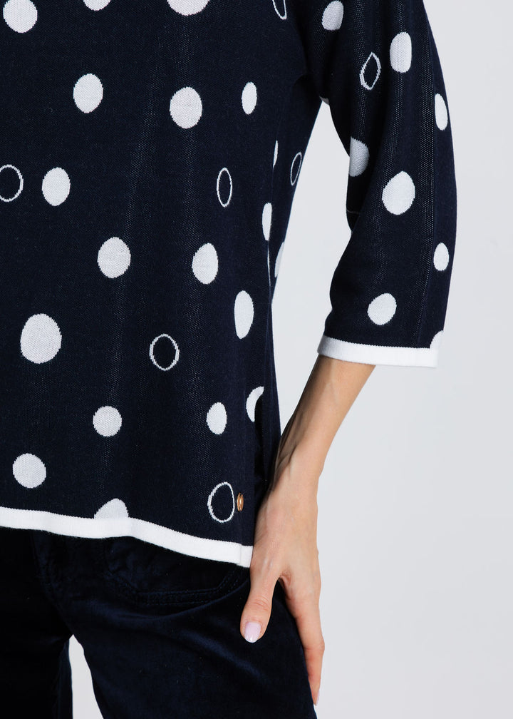 Joseph Ribkoff Polka Dot Sweater in Midnight Blue/Vanilla available at Barbara Katz