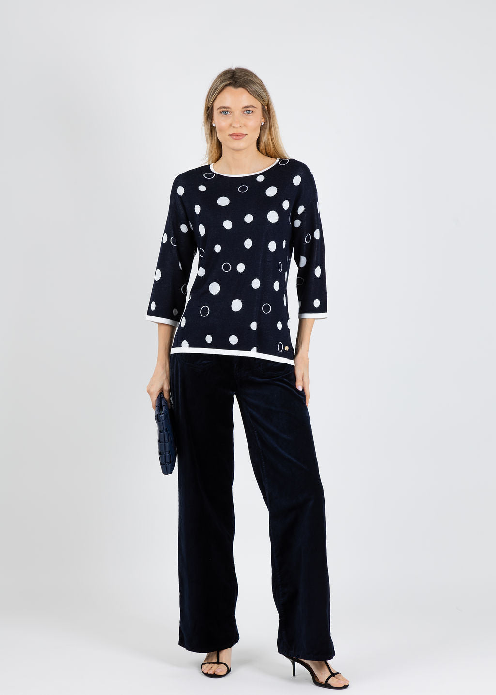 Joseph Ribkoff Polka Dot Sweater in Midnight Blue/Vanilla available at Barbara Katz