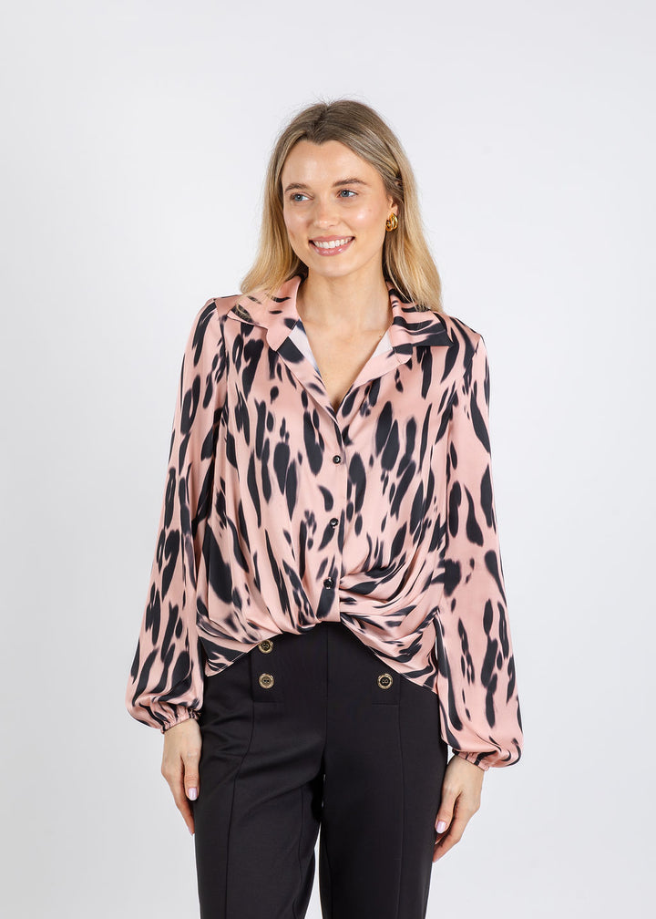 Joseph Ribkoff Recycled Satin Animal Print Draped Top in Pink/Black available at Barbara Katz