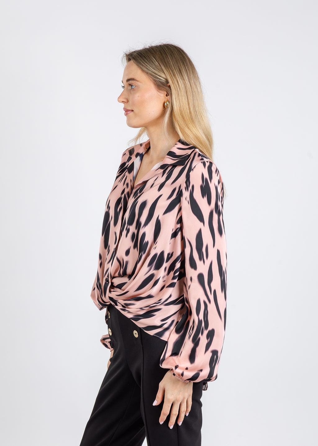 Joseph Ribkoff Recycled Satin Animal Print Draped Top in Pink/Black available at Barbara Katz