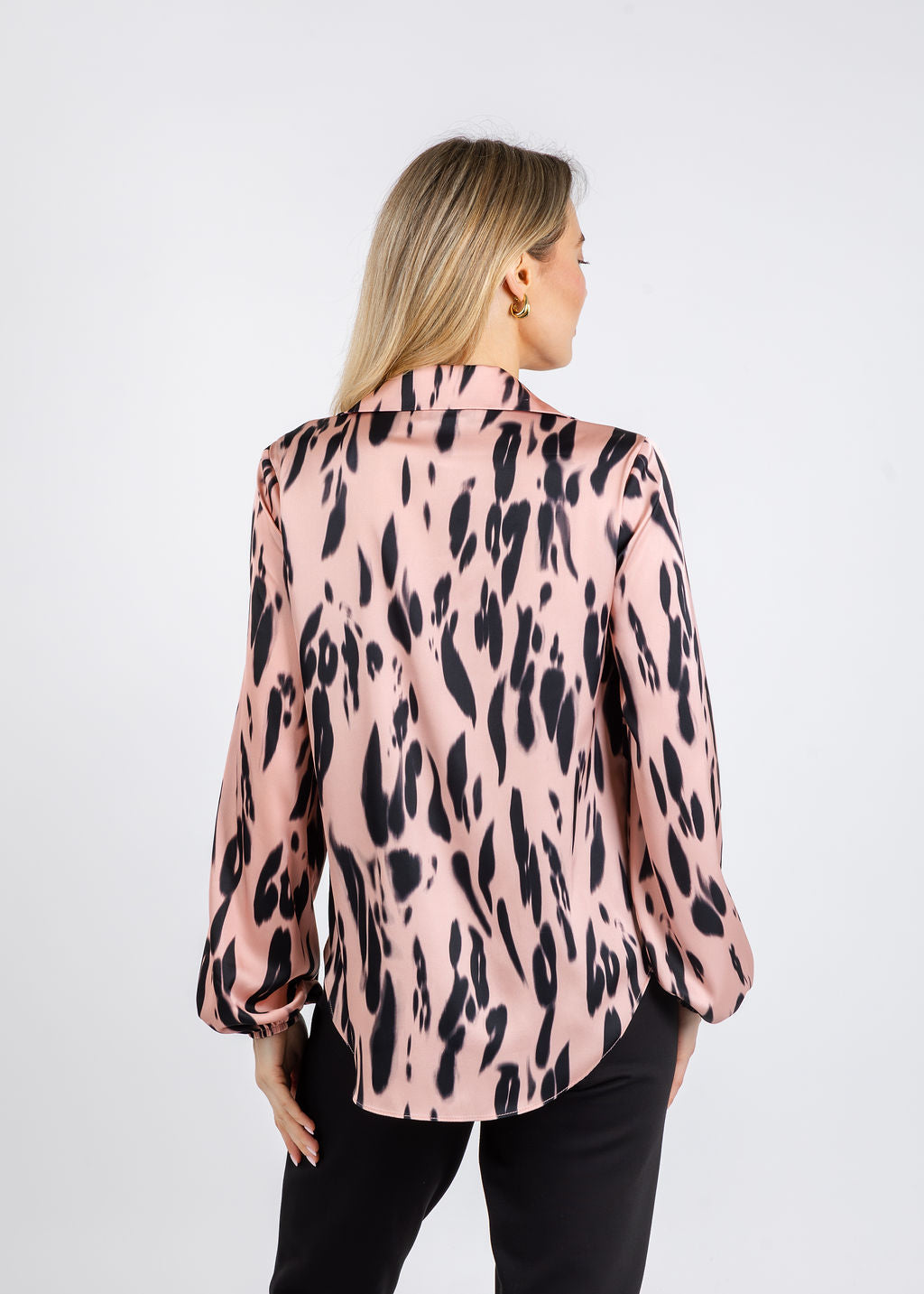 Joseph Ribkoff Recycled Satin Animal Print Draped Top in Pink/Black available at Barbara Katz