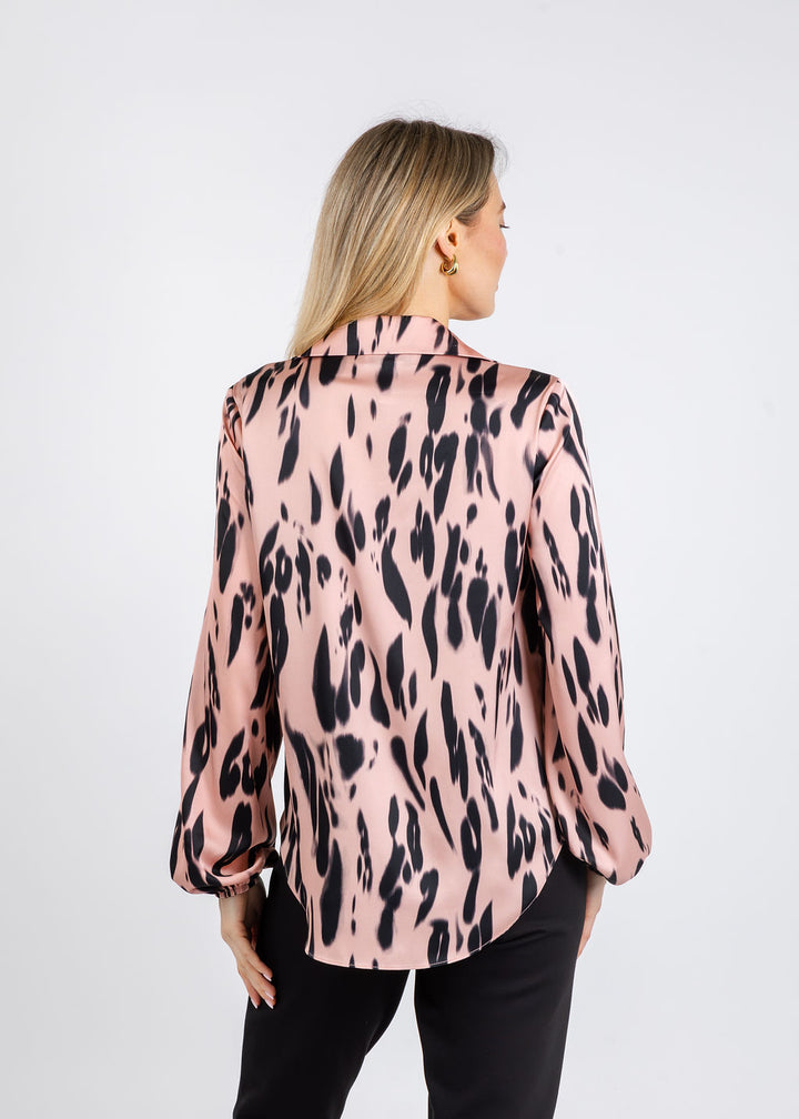 Joseph Ribkoff Recycled Satin Animal Print Draped Top in Pink/Black available at Barbara Katz