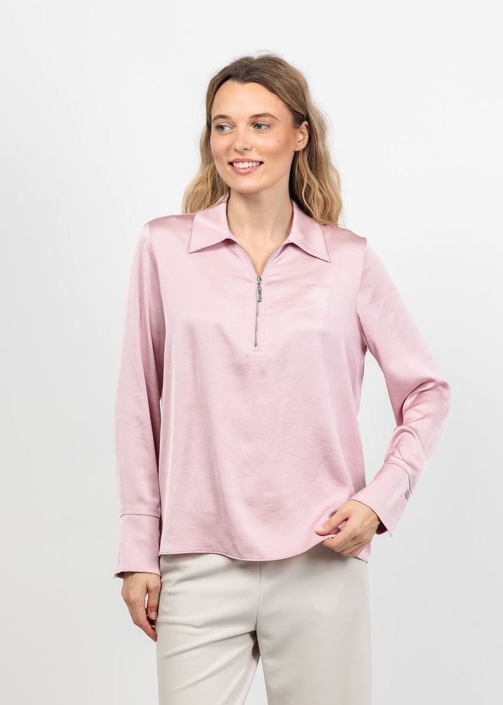Joseph Ribkoff Recycled Satin Shirt Collar Top in Blush available at Barbara Katz